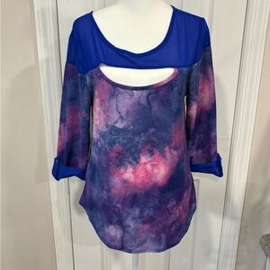 Ashley Blue 3/4 sleeve blouse tie dye peekaboo blouse size M
